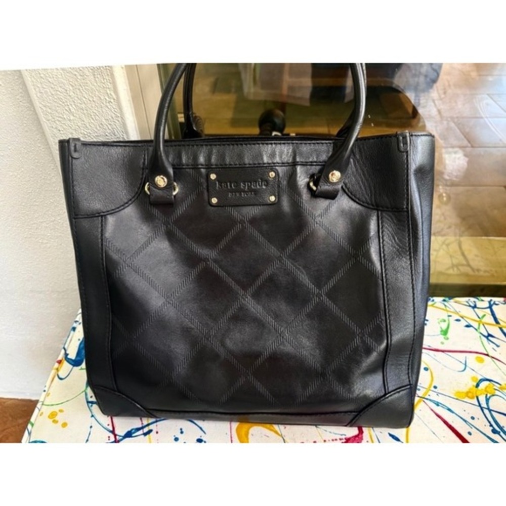 Kate Spade New York Black Leather Tote Bag Quilted‎ Shoulder Purse Gold Hardware